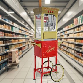 12oz Popcorn Machine Cart, Popcorn Cart with Wheels, Vintage Popcorn Machine with Stainless Steel Kettle