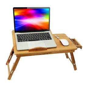 Bamboo Lap Desk with Foldable Leg and Adjustable Tilt Surface - Multi-Position, with Side Storage Drawer - for Work