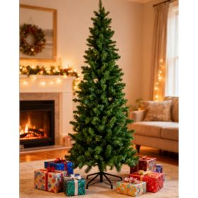 Pencil Christmas Tree, Prelighted Artificial Slim Christmas Trees With 250 Incandescent Lights, 571 Branch Tips & Foldable Base (Option: Green 6FT)